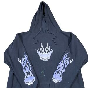 Vintage Y2K Skull Flames Sleeves Graphic Biker Skater Hoodie Sweatshirt Small
